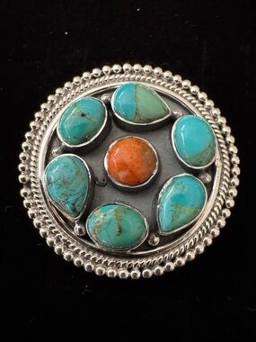 Genuine Turquoise & spiny oyster‎ Stone sterling silver statement, ring-